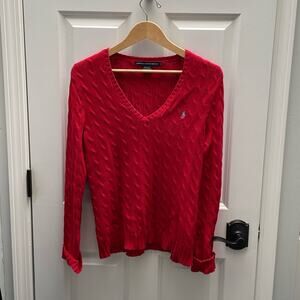 RALPH LAUREN SPORT Bright Red Cable Kit V-Neck Sweater Size XL